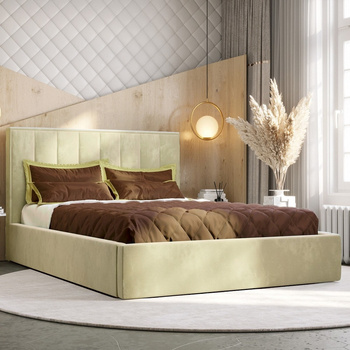 Łóżko tapicerowane Rinus 180x200 z pojemnikiem beżowe w nowoczesnym skandynawskim stylu z wygodnym zagłówkiem