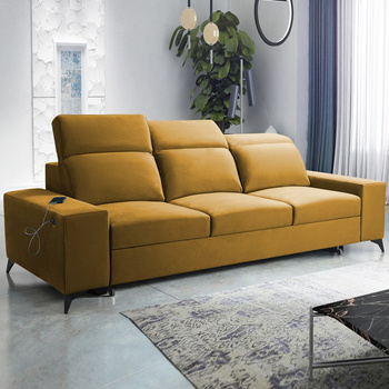 Sofa z funkcją spania Kelly miodowa stylowa sofa do salonu o prostym designie regulowane zagłówki welurowa tkanina