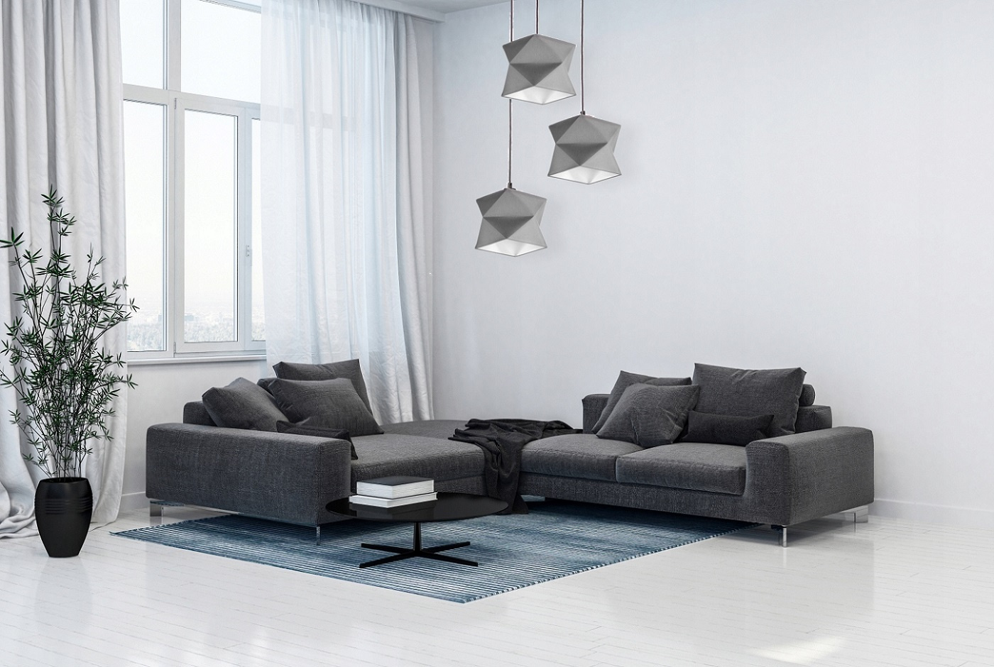 Lampa wisząca Quasar z bawełnianymi abażurami i metalową okrągłą podstawą
