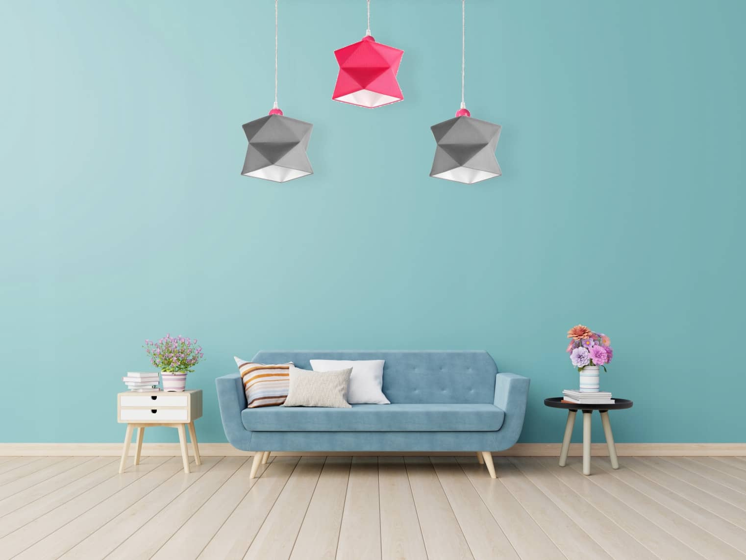 Lampa wisząca potrójna Quasar z kolorowymi abażurami oraz metalową podstawą