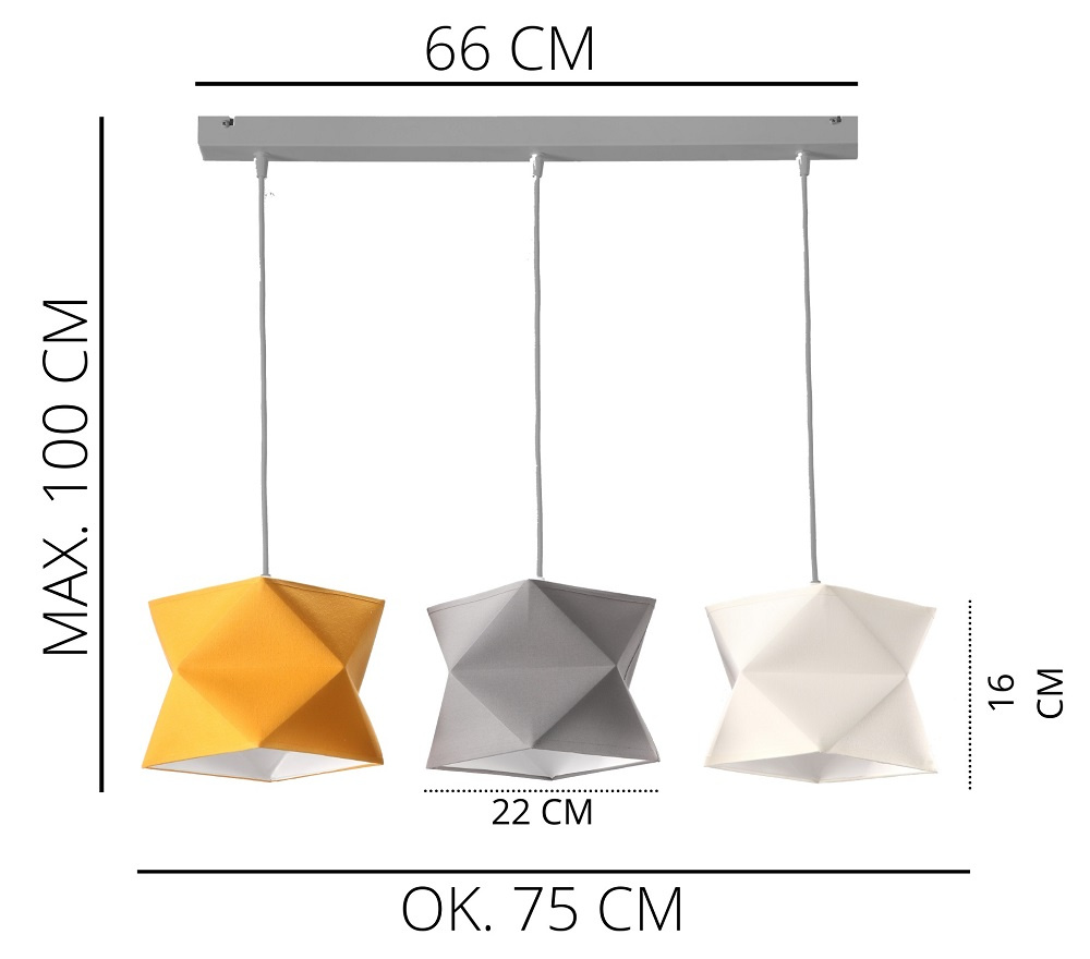 Lampa wisząca potrójna Quasar z kolorowymi abażurami oraz metalową podstawą