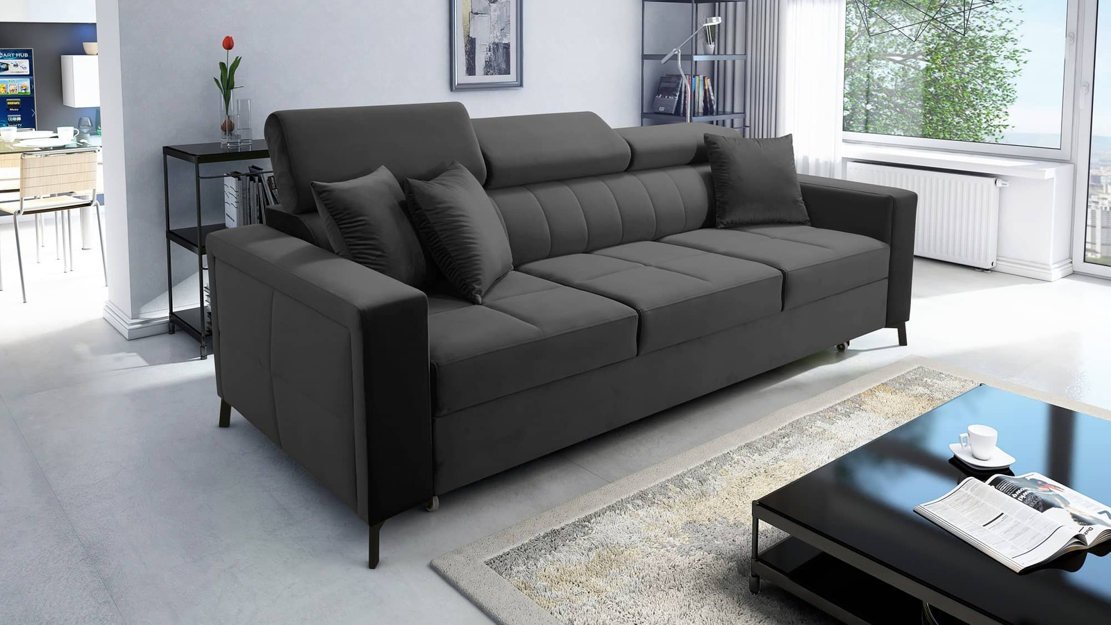 Sofa Nausa z funkcją spania do salonu w kolorze grafitowym