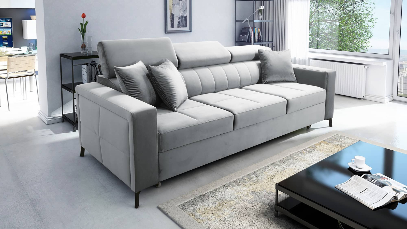 Sofa Nausa z funkcją spania codziennego w kolorze siwym