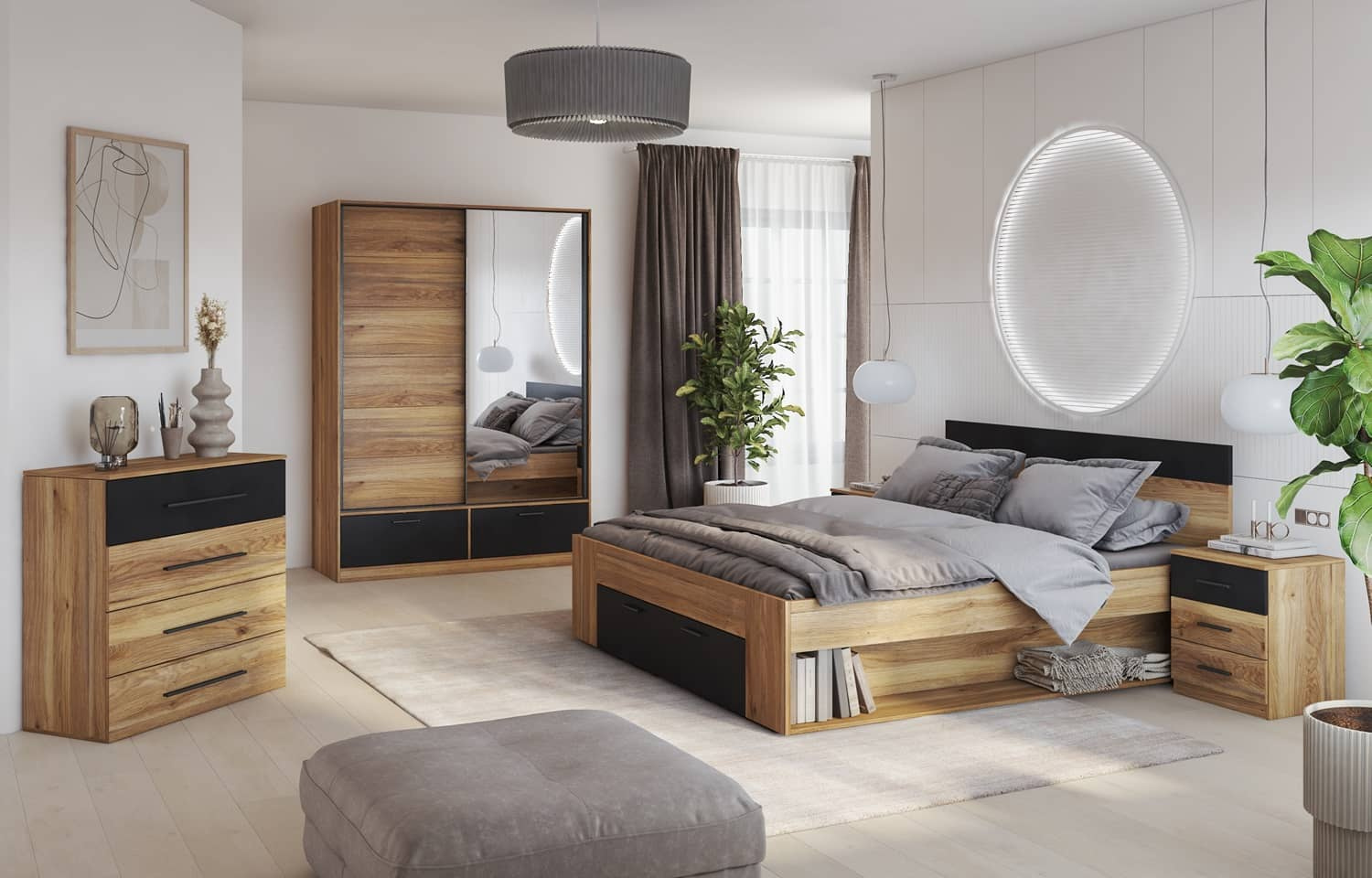 Zestaw mebli do sypialni Beta w kolorze dąb mauvella Szafka nocna dębowa Szafki nocne do sypialni