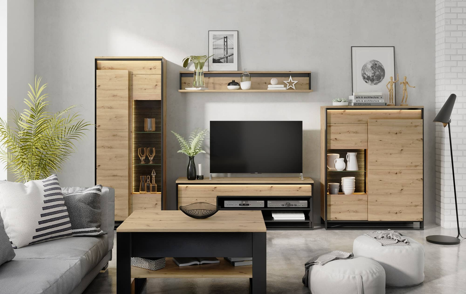 Zestaw mebli do salonu Quant w kolorze dąb artisan / czarny Meblościanki do salonu