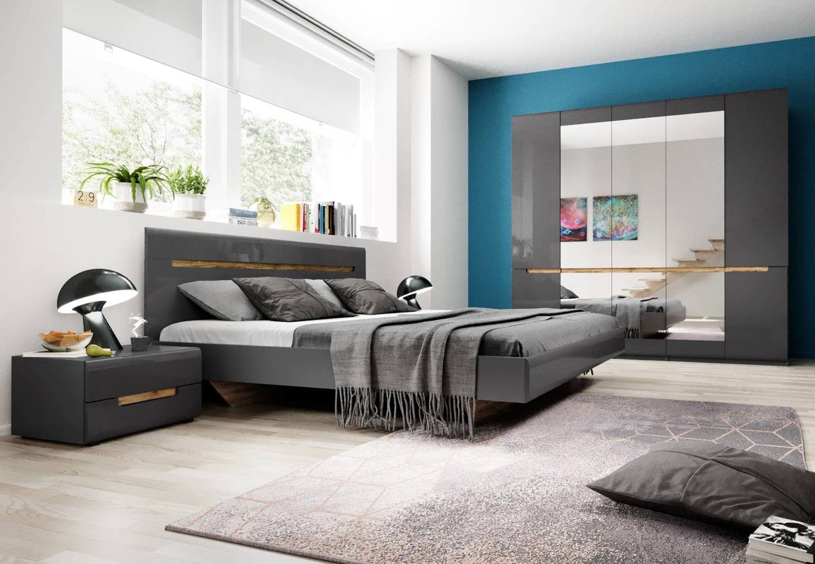 Schlafzimmermöbel-Set Hektor anthrazit / anthrazit glänzend modernes Design  und sichere Elemente aus gehärtetem Glas | Unsere Möbel für alle -  24unseremoebel