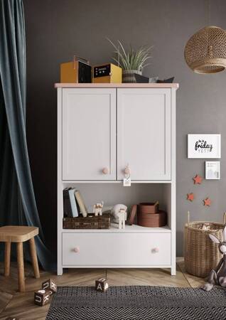 Komoda wysoka Luna 85  cm biały / różowy estetyczna komoda z szufladą i półką elegancki design połączony z wysoką jakością wykonania