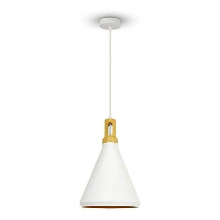 Lampa wisząca Modern 25 cm biała ciekawy design idealna lampa do sypialni metalowy abażur w kształcie stożka zwieńczony drewnem