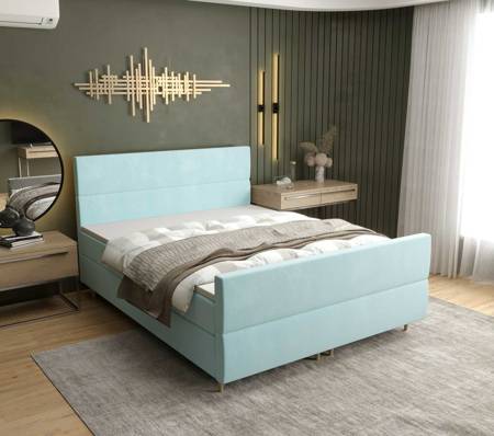 Łóżko kontynentalne Benet 160x200 błękitny w nowoczesnym skandynawskim stylu z charakterystycznym wezgłowiem oraz zanóżkiem