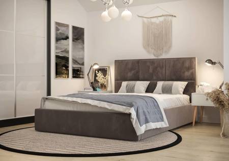 Łóżko tapicerowane Hestia 180x200 z pojemnikiem jasny brąz w nowoczesnym skandynawskim stylu z wygodnym zagłówkiem