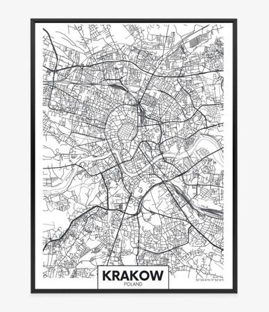 Plakat mapa Krakowa szwarc plan 70x100 plakat w ramie precyzyjny wydruk ze stylową grafiką doskonała dekoracja do salonu lub sypialni