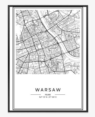 Plakat mapa Warszawy szwarc plan 70x100 plakat w ramie precyzyjny wydruk ze stylową grafiką doskonała dekoracja do salonu lub sypialni