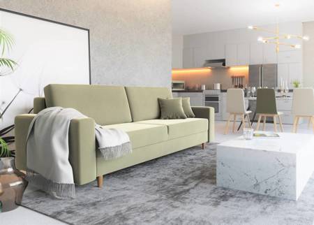 Sofa z funkcją spania Ines beżowa w stylu tradycyjnym i skandynawskim doskonale pasuje do każdego wnętrza nadając finezji i charakteru