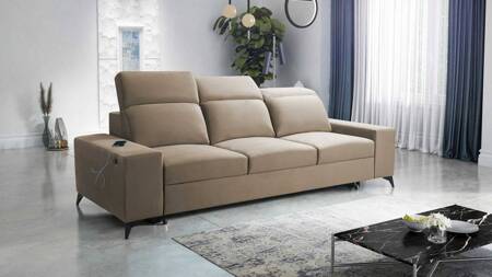 Sofa z funkcją spania Kelly ciemny beżowy stylowa sofa do salonu o prostym designie regulowane zagłówki welurowa tkanina