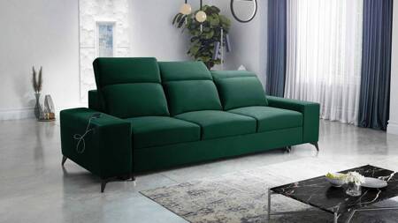 Sofa z funkcją spania Kelly zielona stylowa sofa do salonu o prostym designie regulowane zagłówki welurowa tkanina