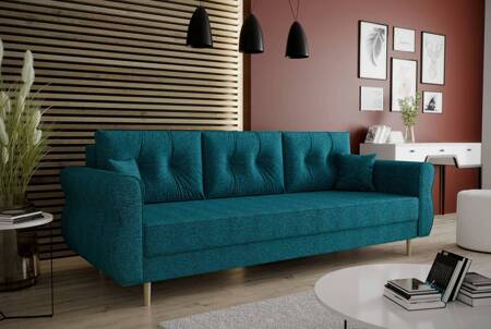 Sofa z funkcją spania Wilkins niebieska elegancka sofa do salonu w stylu skandynawskim zaoblone boczki nadają charakteru