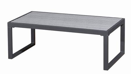 Stolik ogrodowy 100 cm Mostrare szary nietuzinkowy design blat stolika wykończony polywood metalowa konstrukcja minimalistyczny styl