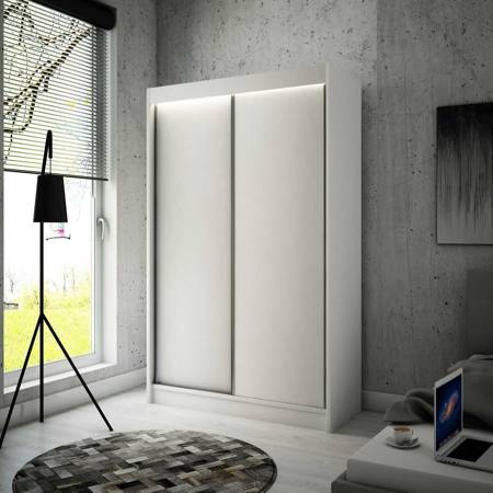Szafa przesuwna Kristo 120 cm biała komfortowa szafa w modny trendzie minimalizmu wyposażona w aluminiowe prowadnice drzwi
