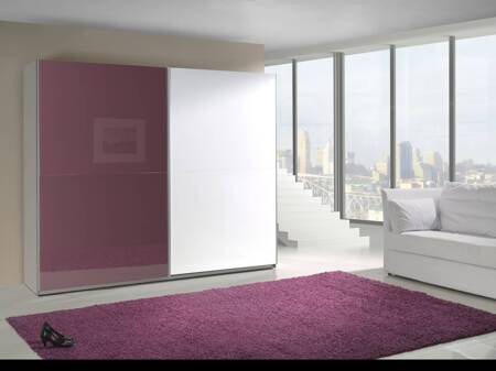 Szafa przesuwna Lux 244 cm biała / fioletowy połysk / biały połysk nowoczesny design oraz wykończenie ABS idealna szafa do sypialni lub garderoby