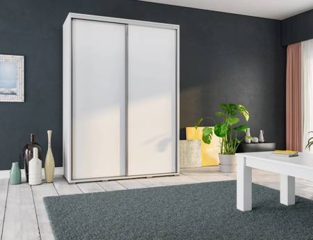 Szafa przesuwna Penelopa 155 cm biała nowoczesny design szafy aluminiowe prowadnice drzwi oraz system jezdny