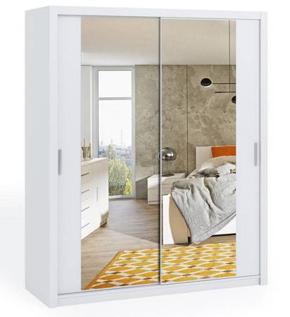 Szafa przesuwna z lustrem Rico 180 cm biała funkcjonalny mebel w stylu klasycznym szafa dedykowana do sypialni lub przedpokoju