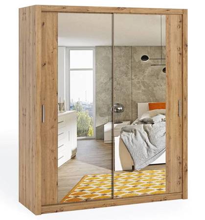 Szafa przesuwna z lustrem Rico 180 cm dąb artisan funkcjonalny mebel w stylu klasycznym szafa dedykowana do sypialni lub przedpokoju