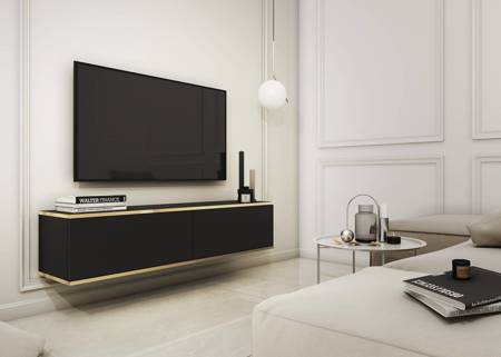 Szafka RTV wisząca Luxury 135 cm czarna minimalistyczny design zachwyci miłośników eleganckich aranżacji korpus zwieńczony złotą listwą