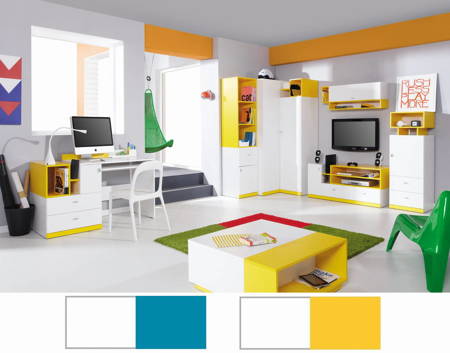 Zestaw mebli dziecięcych Mobi 4 biały / żółty idealna propozycja do pokoju młodzieżowego lub dziecięcego w modnym stylu